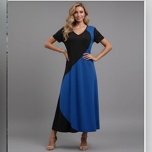 Black/Blue Two Tone V Neck Tee Dress